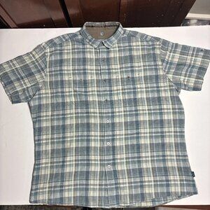 Kuhl Shirt Men 2XL GreenBlue Plaid Linen Short Sleeve Button Front Casual Hiking